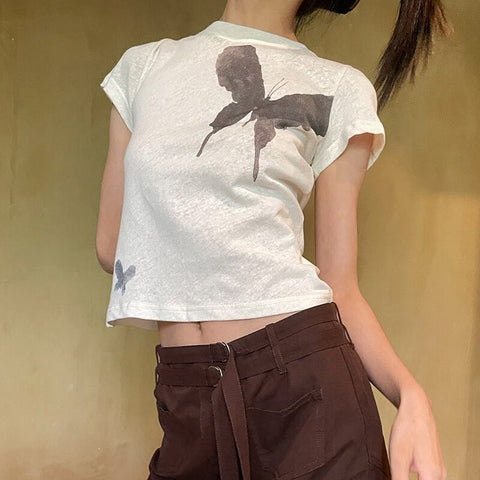 Butterfly Crop Top O Neck Short Sleeve T Shirt