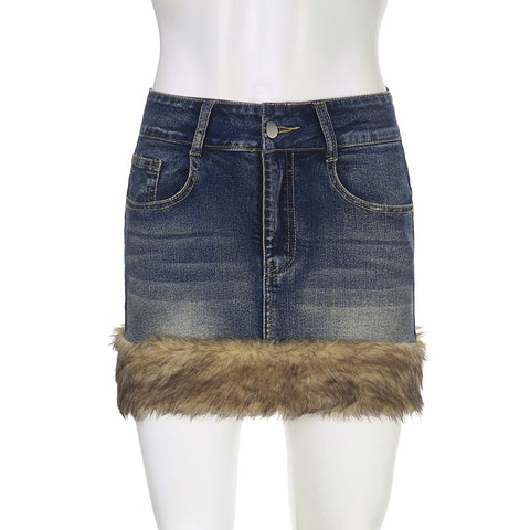 GIRL Patch Furry Women Jeans Skirts
