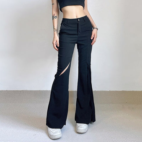 Black Cut Out Flare Pants Low Waisted Knitted Pants