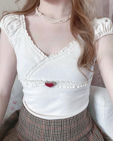 Kawaii Lace Ruffle Cute Short Sleeve Top