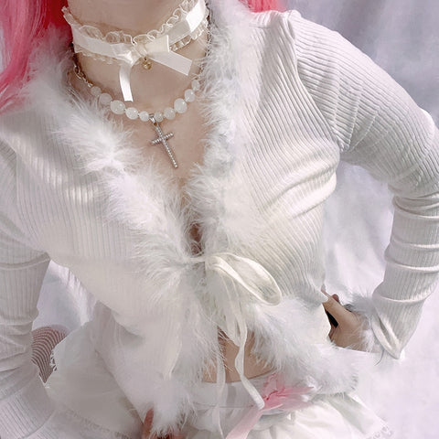 Lace-up Feathers Patchwork Kawaii Knitted Cardigan