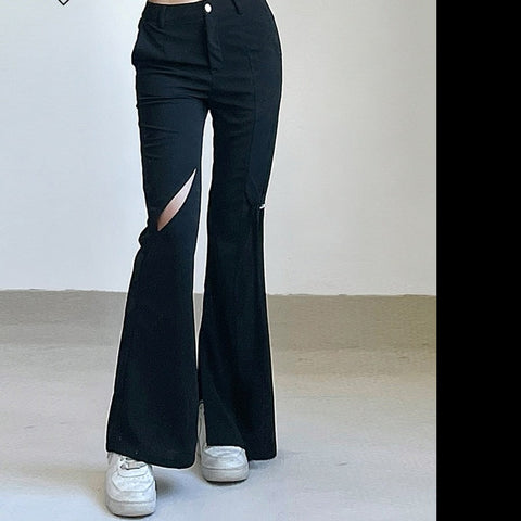 Black Cut Out Flare Pants Low Waisted Knitted Pants