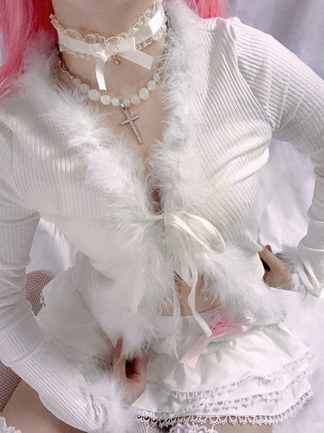 Lace-up Feathers Patchwork Kawaii Knitted Cardigan