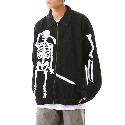 Leather Skull and Bone Embroidery Spliced Jacket