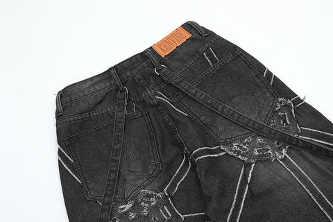Washed Black Patchwork Straight Spliced Jeans