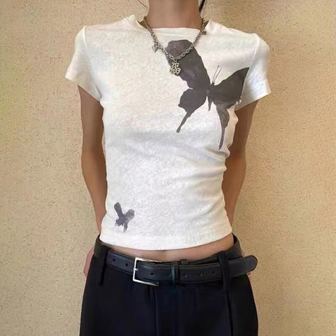 Butterfly Crop Top O Neck Short Sleeve T Shirt