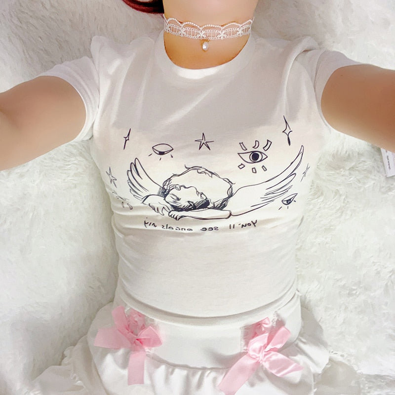 Cute Graphic Short Sleeve Angel Print Cropped Top