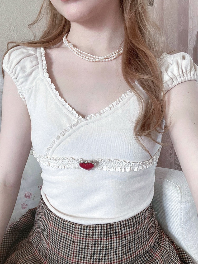 Kawaii Lace Ruffle Cute Short Sleeve Top