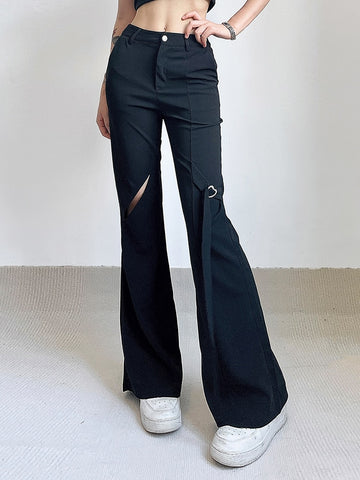 Black Cut Out Flare Pants Low Waisted Knitted Pants