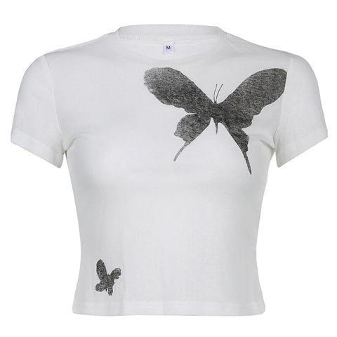 Butterfly Crop Top O Neck Short Sleeve T Shirt