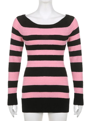 Mini Bodycon  Pink Striped Slim Sweater Dress