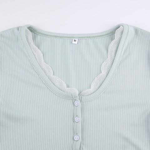 Lace Patchwork Button-up Casual Basic T-shirt