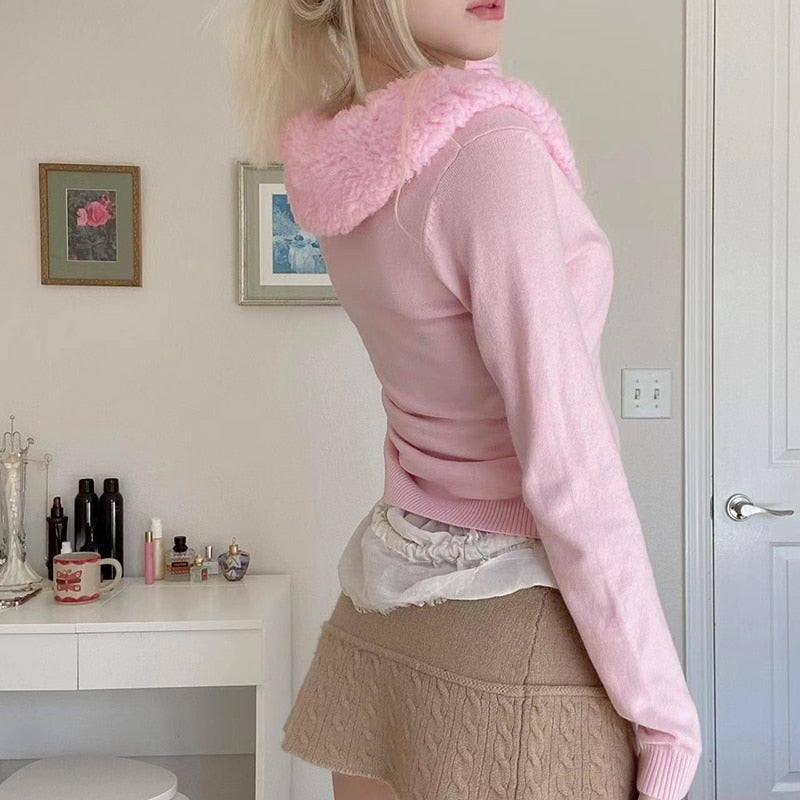Coquette Aesthetic Pink Sweater Jacket