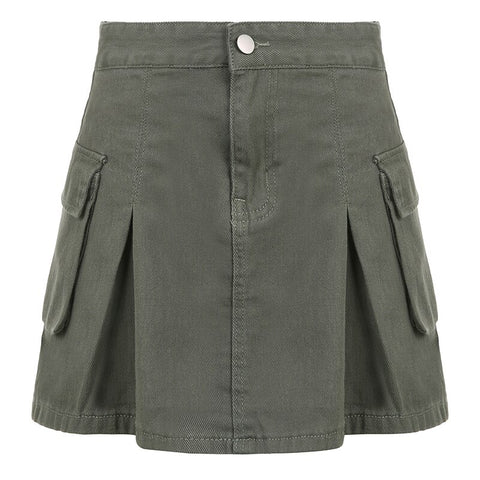 Patchwork Cargo High Waist A-line Denim Skirts