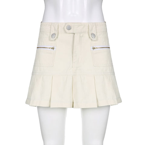 White A-line Pleated Zipper Pockets Jean Skirts