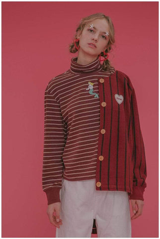 Woolen Red Striped Heart Embroidery Jacket