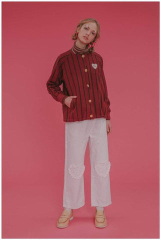 Woolen Red Striped Heart Embroidery Jacket