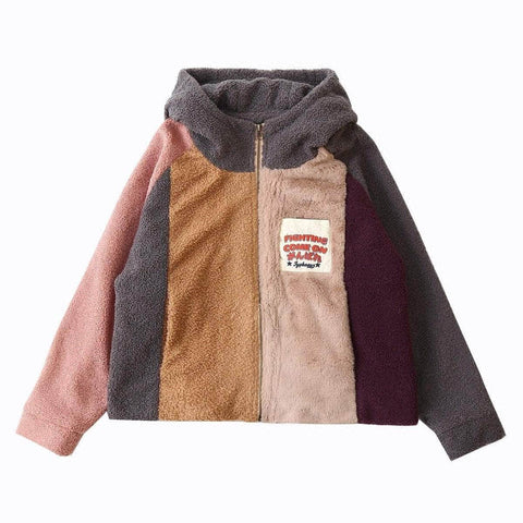 Vintage Zip Up Fleece Color Block Coat