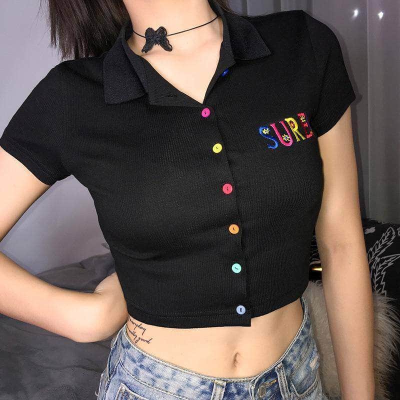 Colorful Buttons Turn Down Collar Crop Top