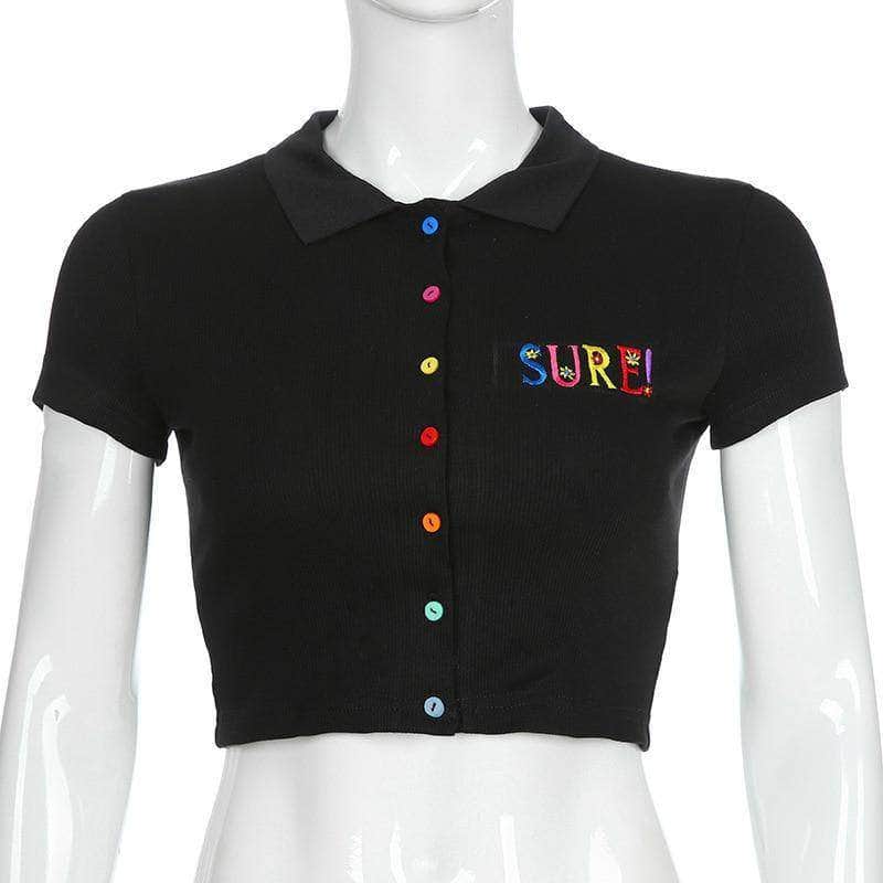 Colorful Buttons Turn Down Collar Crop Top