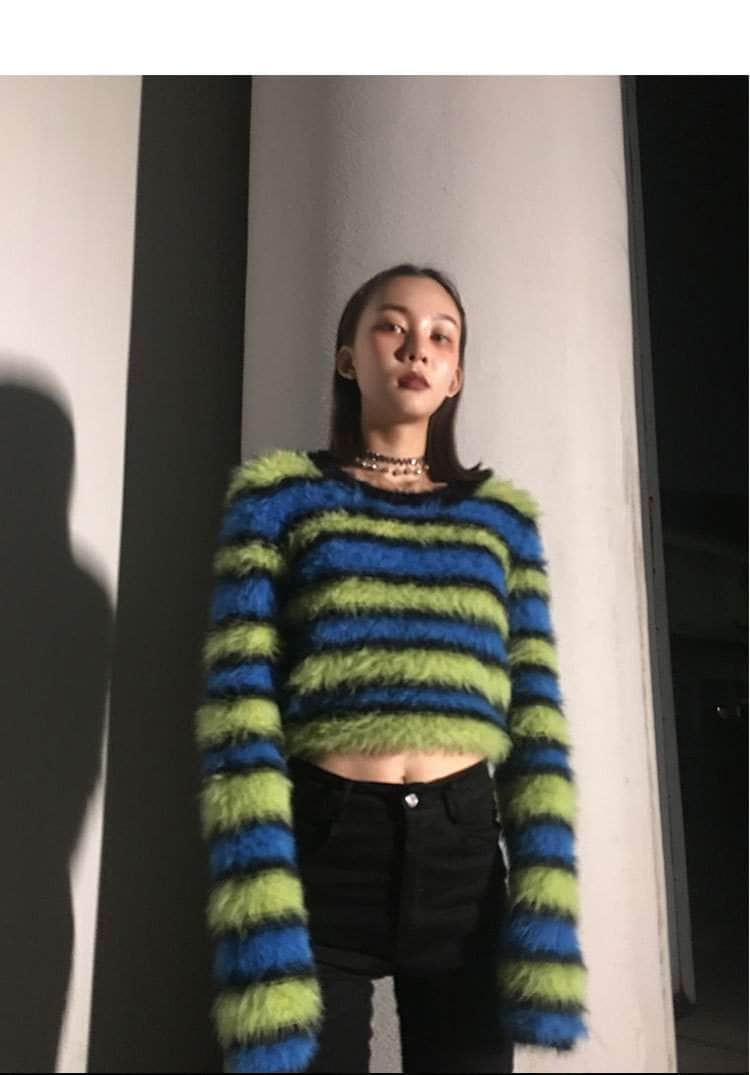 Striped Fuzzy Cropped Sweater