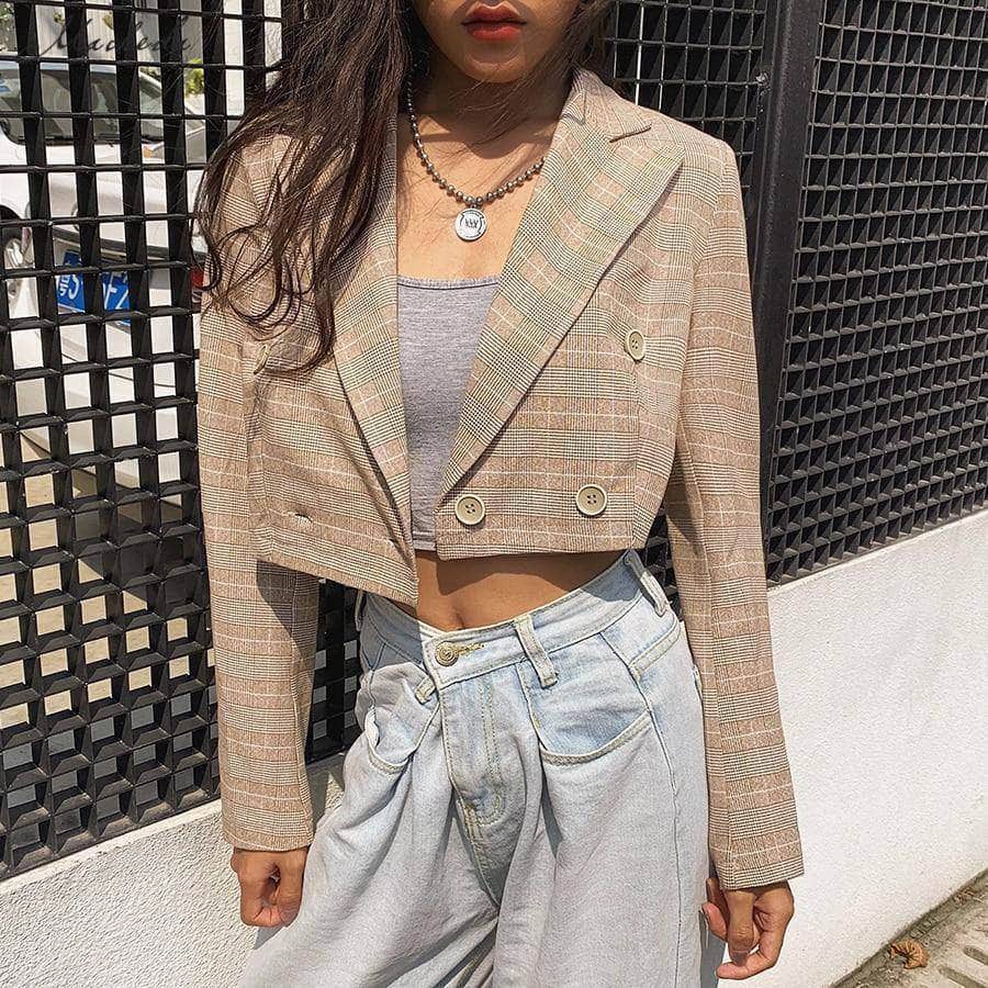Double-Breasted Plaid Crop Blazer
