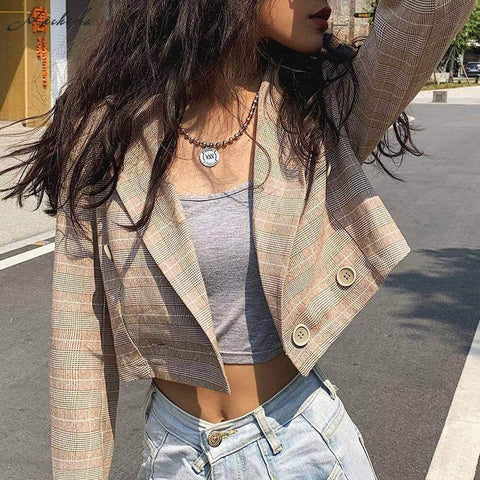 Double-Breasted Plaid Crop Blazer