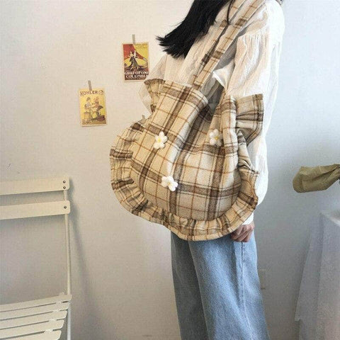 Simple Plaid Woolen Tote Bag