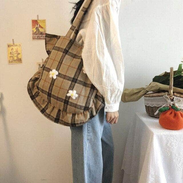 Simple Plaid Woolen Tote Bag