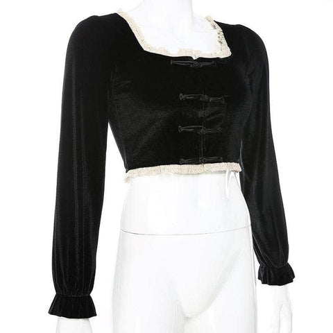 Chinese Style Long Sleeve Lace Patchwork Velvet Crop Top