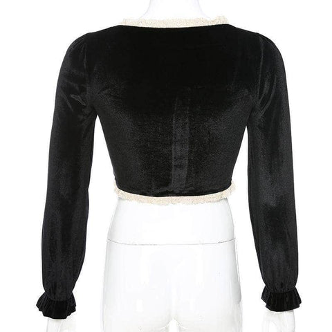 Chinese Style Long Sleeve Lace Patchwork Velvet Crop Top
