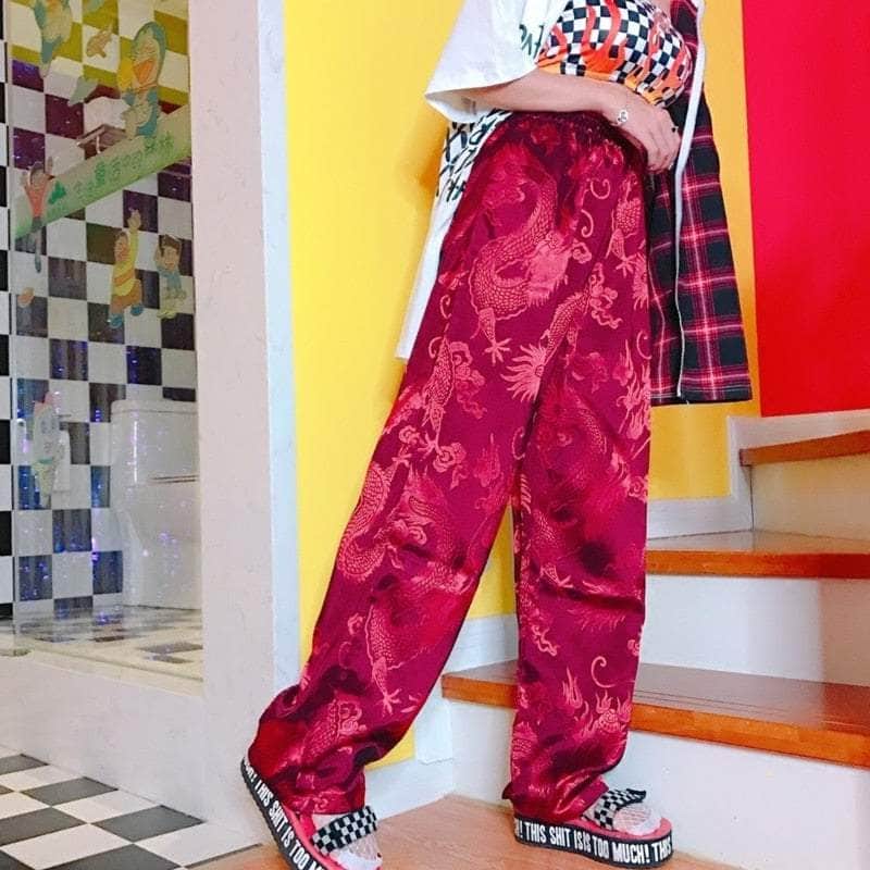 Vintage Chinese Dragon Embroidery Velvet Pants