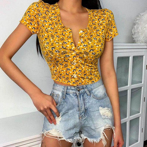 Yellow Floral Buttons Fly Crop Top
