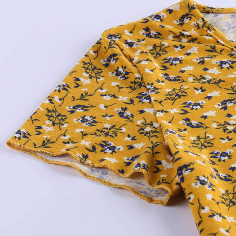 Yellow Floral Buttons Fly Crop Top