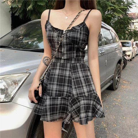 Gothic Plaid Vintage Two Pieces Set