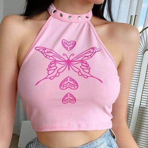 Butterfly Backless Hanging Neck Crop Top