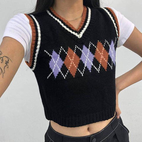 Argyle Plaid Knitted Tank Top