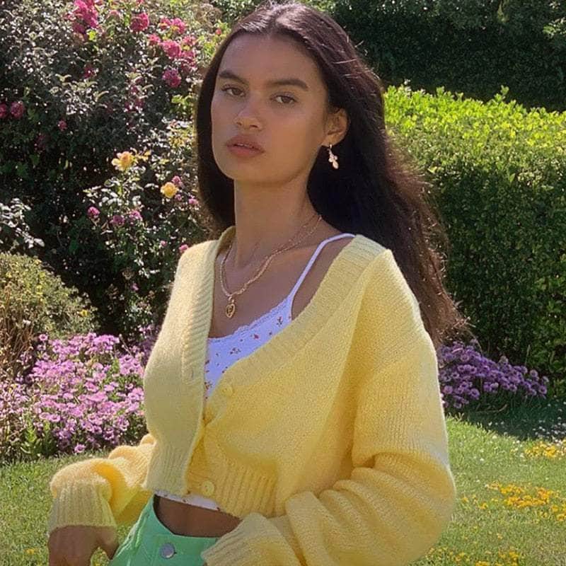 Yellow Knitted Cropped Cardigan