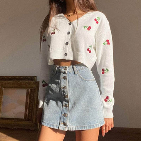 V Neck Cherry Knitted Cropped Cardigan