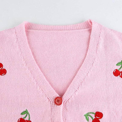 V Neck Cherry Knitted Cropped Cardigan