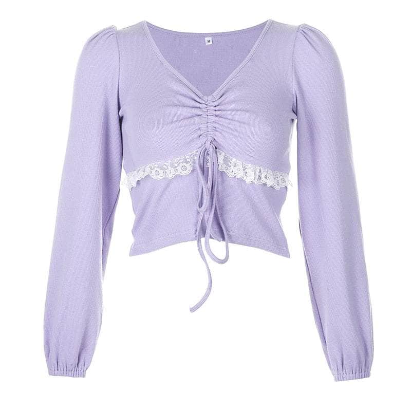 Lace Ruched Long Sleeve Crop Top