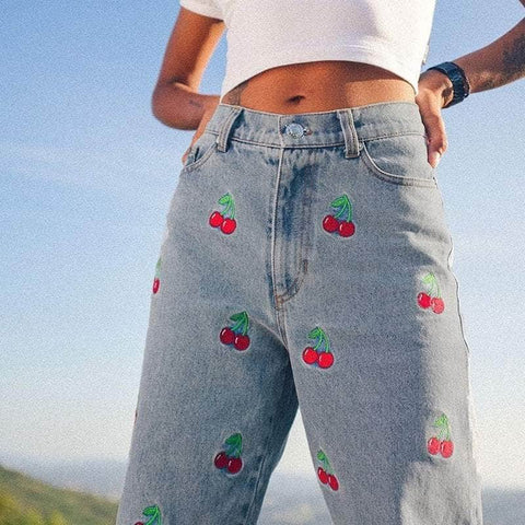 Cherry Embroidery Jeans