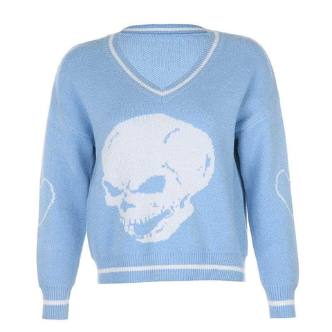 Knitted V-Neck Skull Sweater
