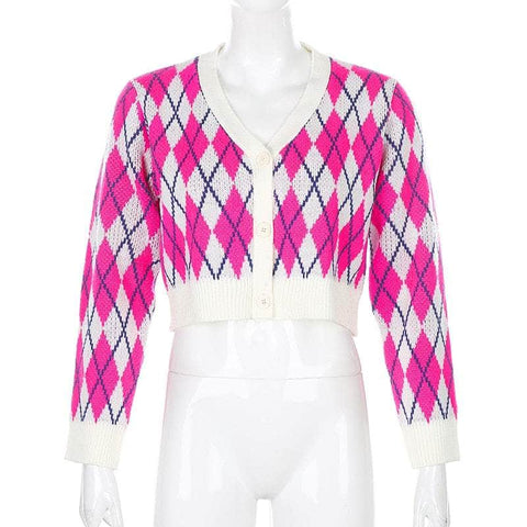 Argyle Buttons Cropped Cardigan