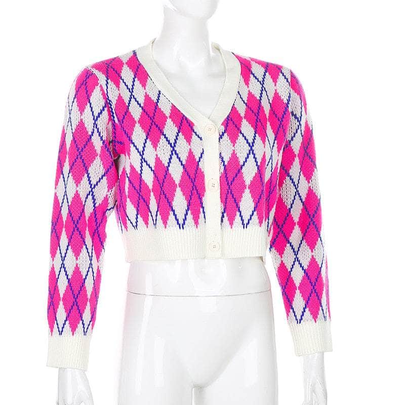 Argyle Buttons Cropped Cardigan