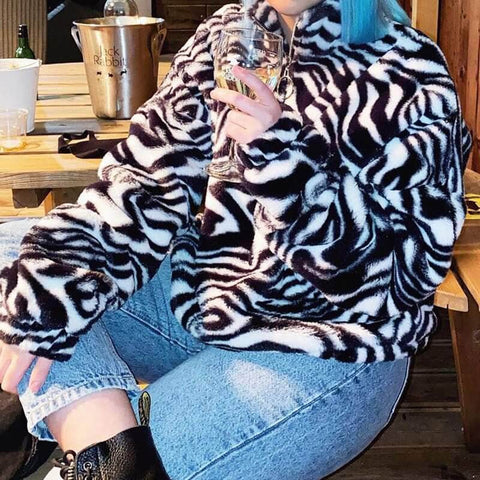 Zebra Faux Fur Zipper Pullove