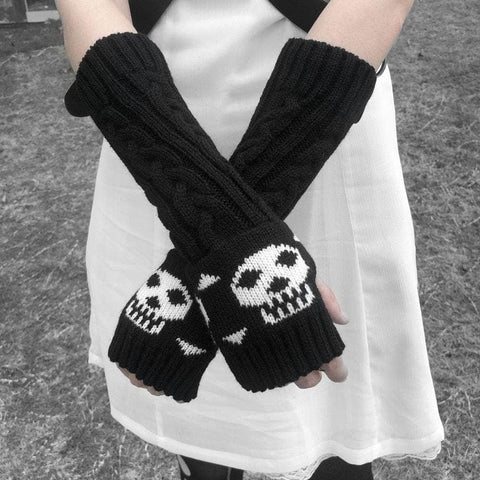 Black Skull Half Finger Knitted Long Glove