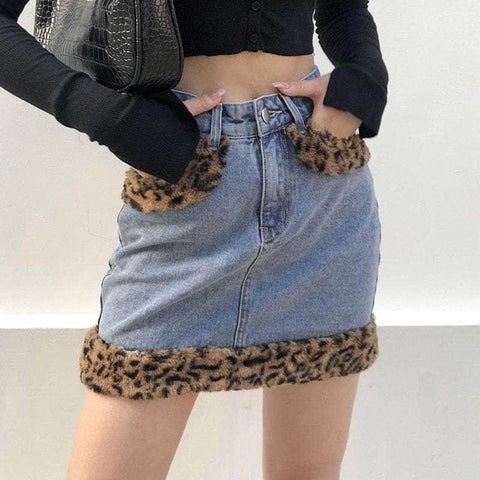 Leopard Faux Fur Jeans Skirts