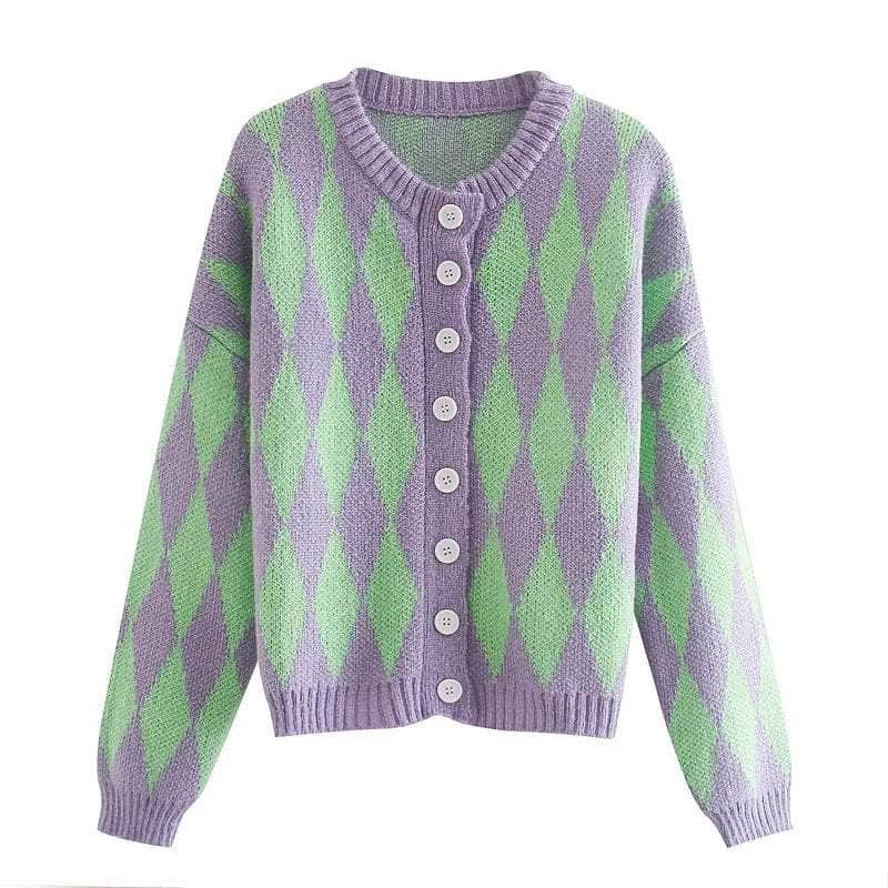 Green Purple Plaid Knitted Cardigan