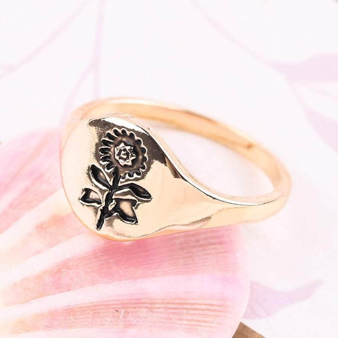 Gold Plated Sunflower Engraved Ring